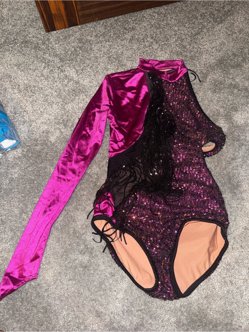 Girls Fuchsia Sequin Dance Leotard with One Long Sleeve